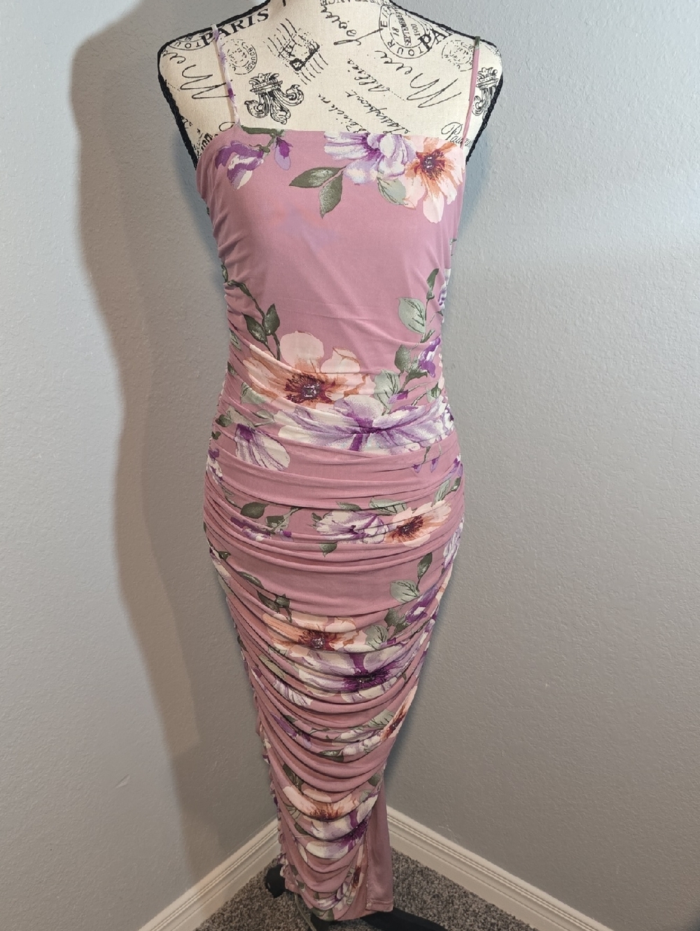 Lulu's Dusty Pink Floral Ruched Maxi Dress